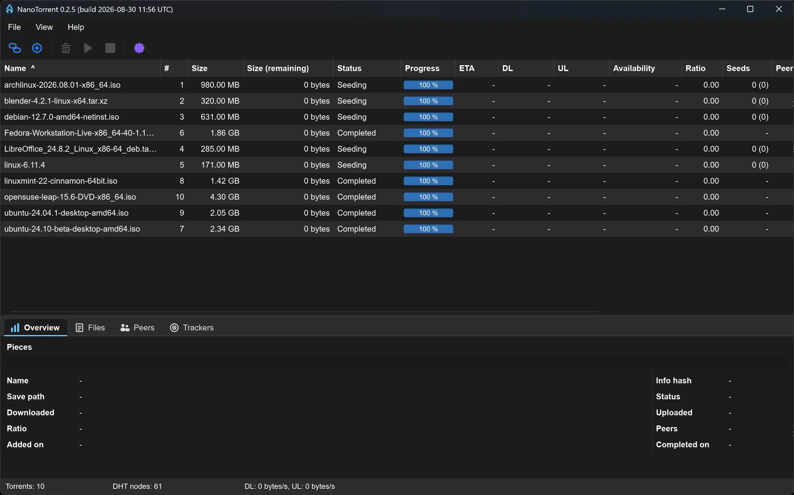 The NanoTorrent main window in its dark theme