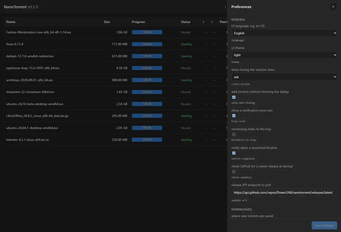 The web interface Preferences drawer